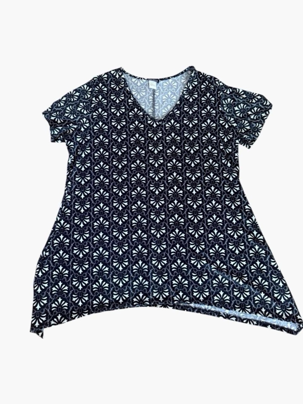 VTG 90s First Glance Black & White Damask Print Hanky Hem Tunic - Plus Size 3X